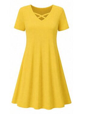 Women's Short Sleeve Summer Dress, Pockets, Cross V Neck Swing, YELLOW, MEDIUM